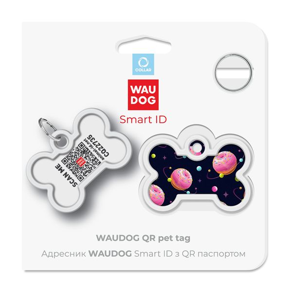 Адресник для собак і котів металевий WAUDOG Smart ID c QR паспортом, "Всесвіт пончиків" 0640-0218 фото