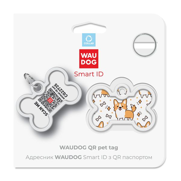 Адресник для собак і котів металевий WAUDOG Smart ID c QR паспортом, "Коргі" 0640-0212 фото
