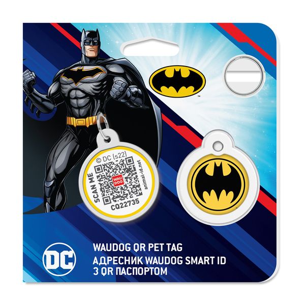 Адресник для собак та котів металічний WAUDOG Smart ID з QR паспортом, малюнок "Бетмен лого", коло, Д 25 мм 0625-1006ru-eng фото