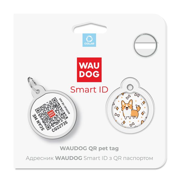 Адресник для собак і котів металевий WAUDOG Smart ID c QR паспортом, "Коргі" 0625-0212 фото